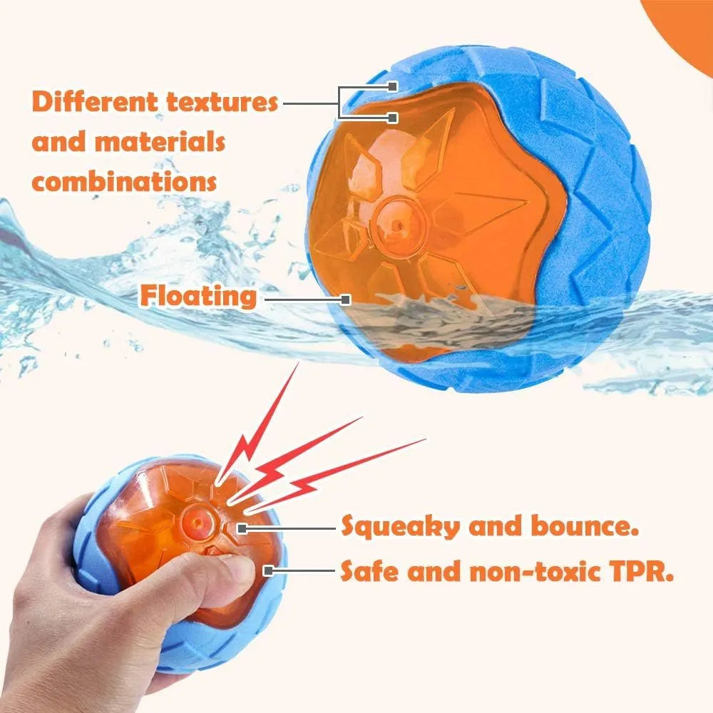 Set of three floating squeaky dog toys: a red ball, a blue barbell, and an orange tyre.