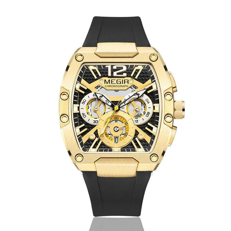 Wine Barrel men's multi-function sports watch with gold case and black strap, 44mm dial