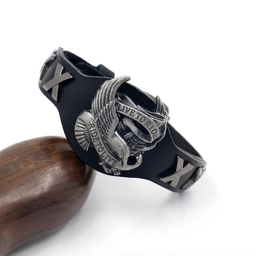 Black leather geometric eagle watch-bottom bracelet with 26cm length and unisex European American style design