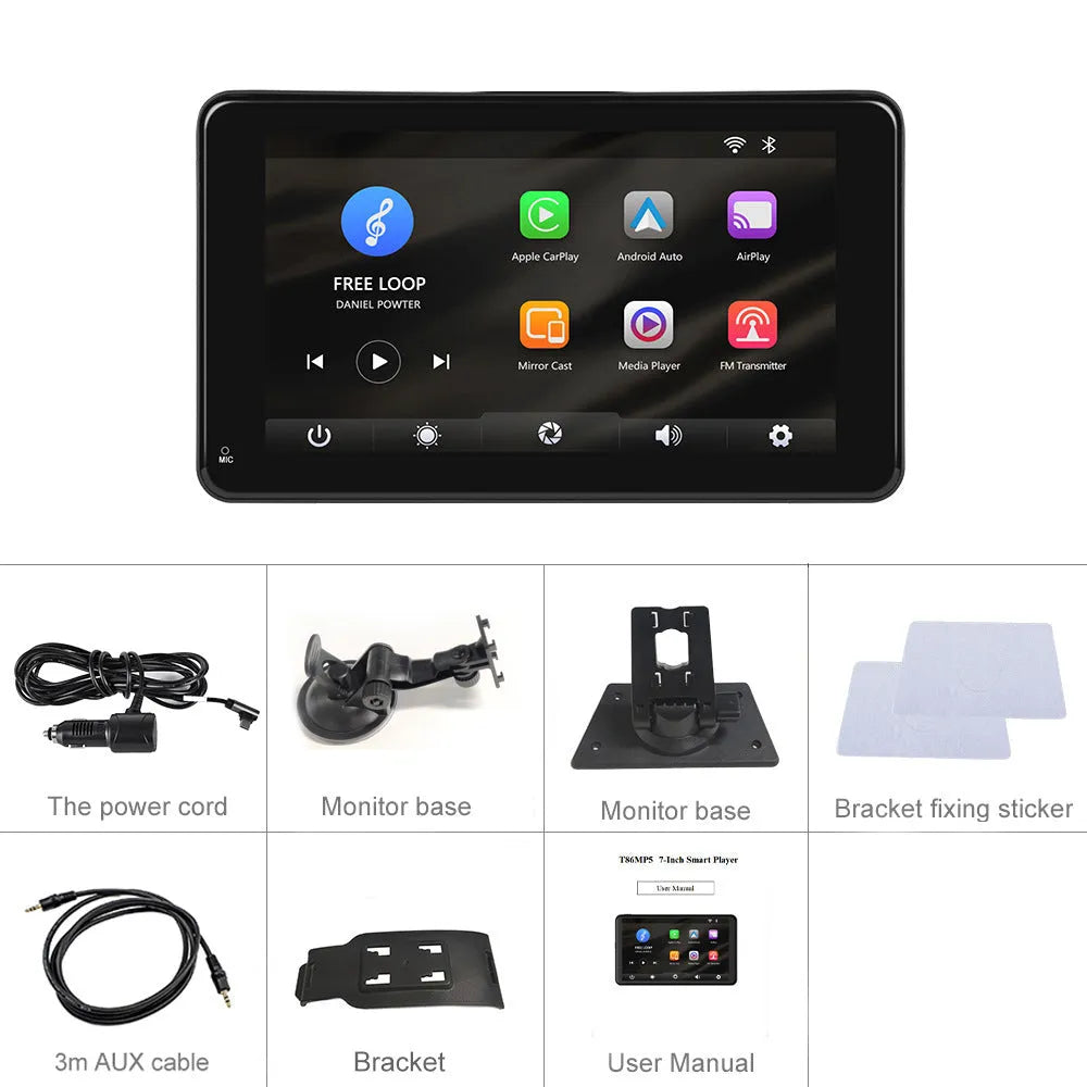 7 inch HD wired car media player with universal mount on dashboard