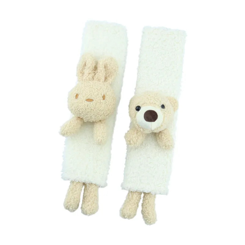 Cartoon plush car seatbelt shoulder protector in Rabbit and Bear designs made from soft lamb wool.