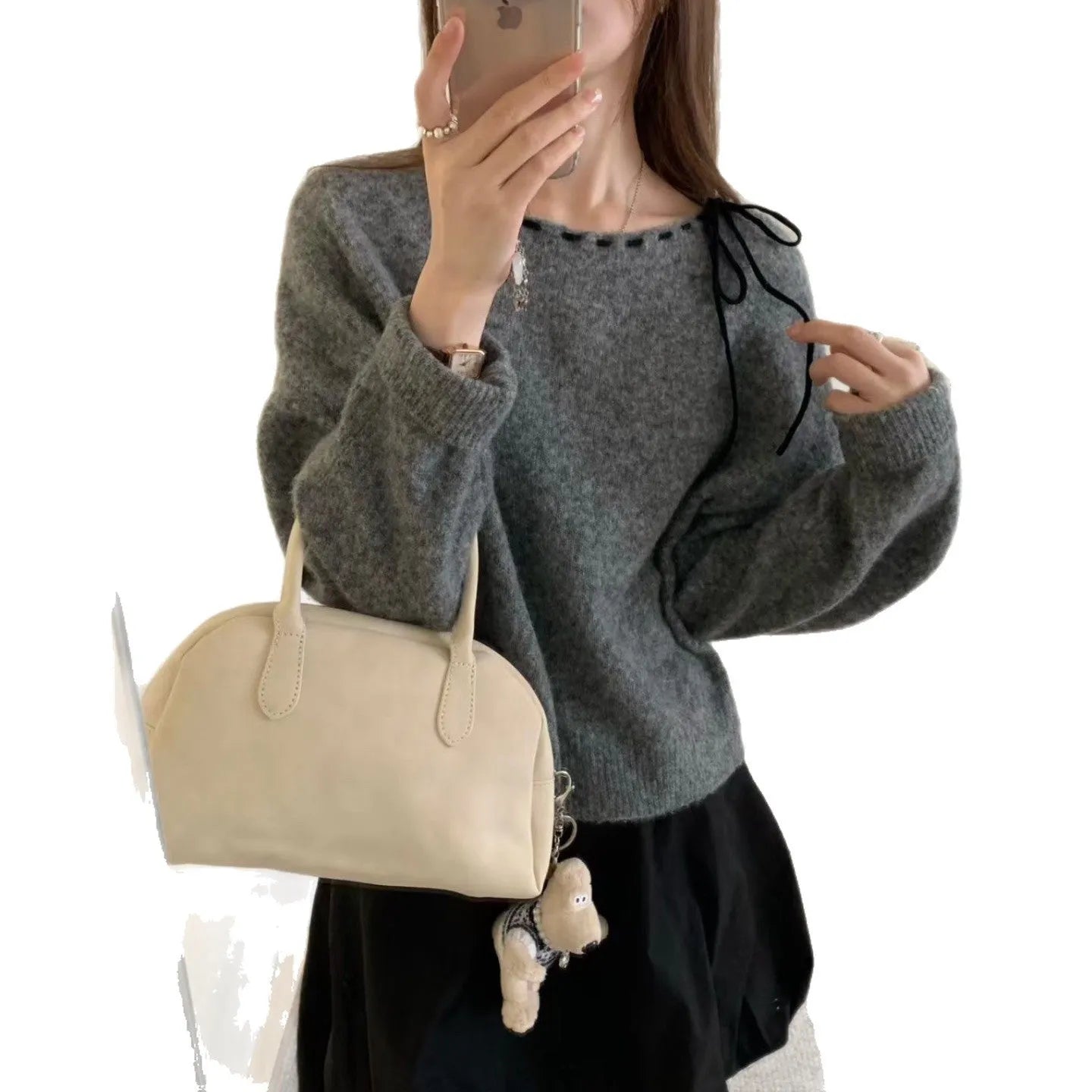 Women's loose grey pullover knitwear top made from regenerated cellulose fibre