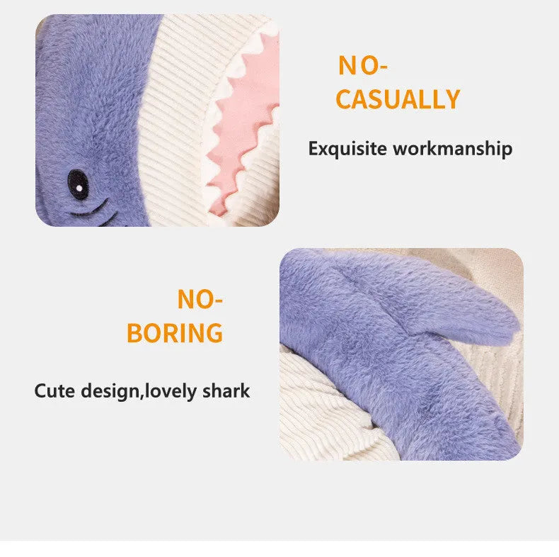 Blue shark pattern pet bed for dogs and cats with raised sides and non-slip base.
