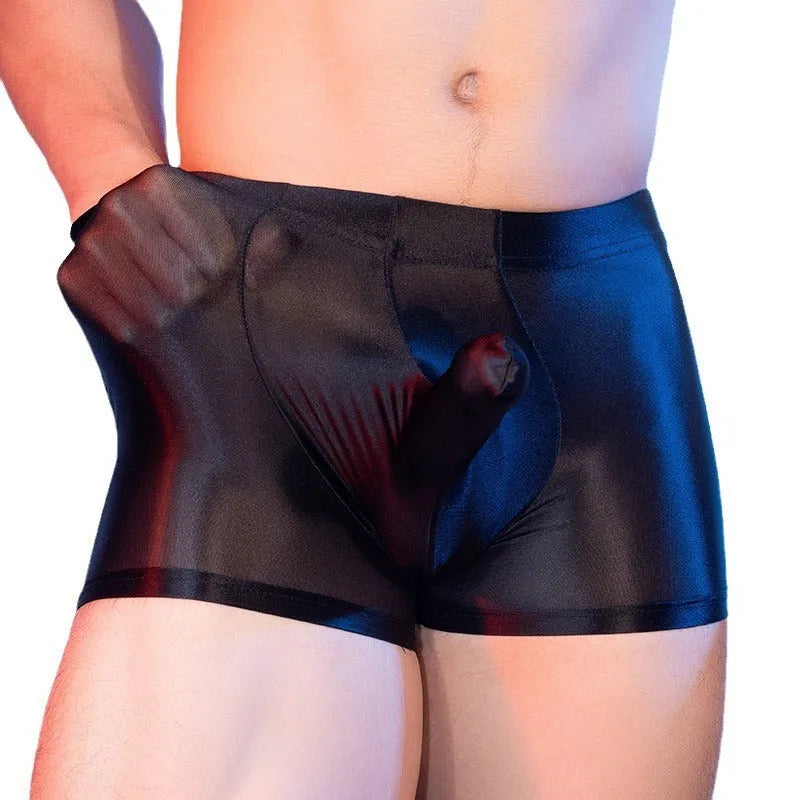 Men's nylon seamless boxer shorts with hip-lift function in black, white, red, and dark grey colours