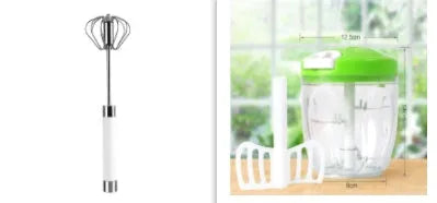 Semi-automatic stainless steel egg beater whisk with hand pressure rotating handle, 10 steel wires, silvery and white colours
