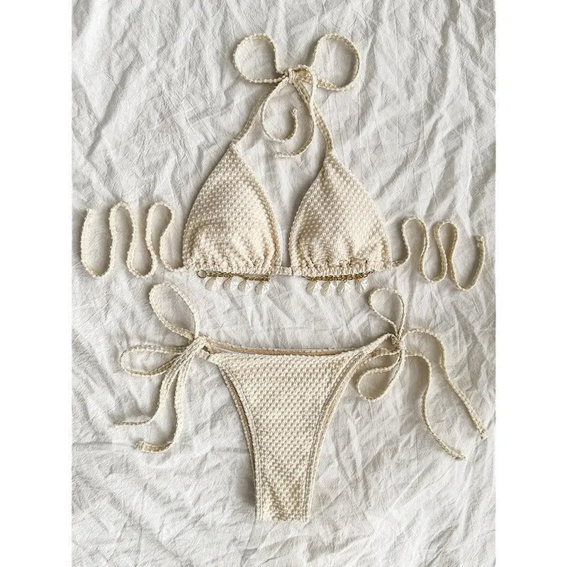 Halter lace-up bikini for women in polyester fibre with briefs style bottom, available in multiple colours and sizes