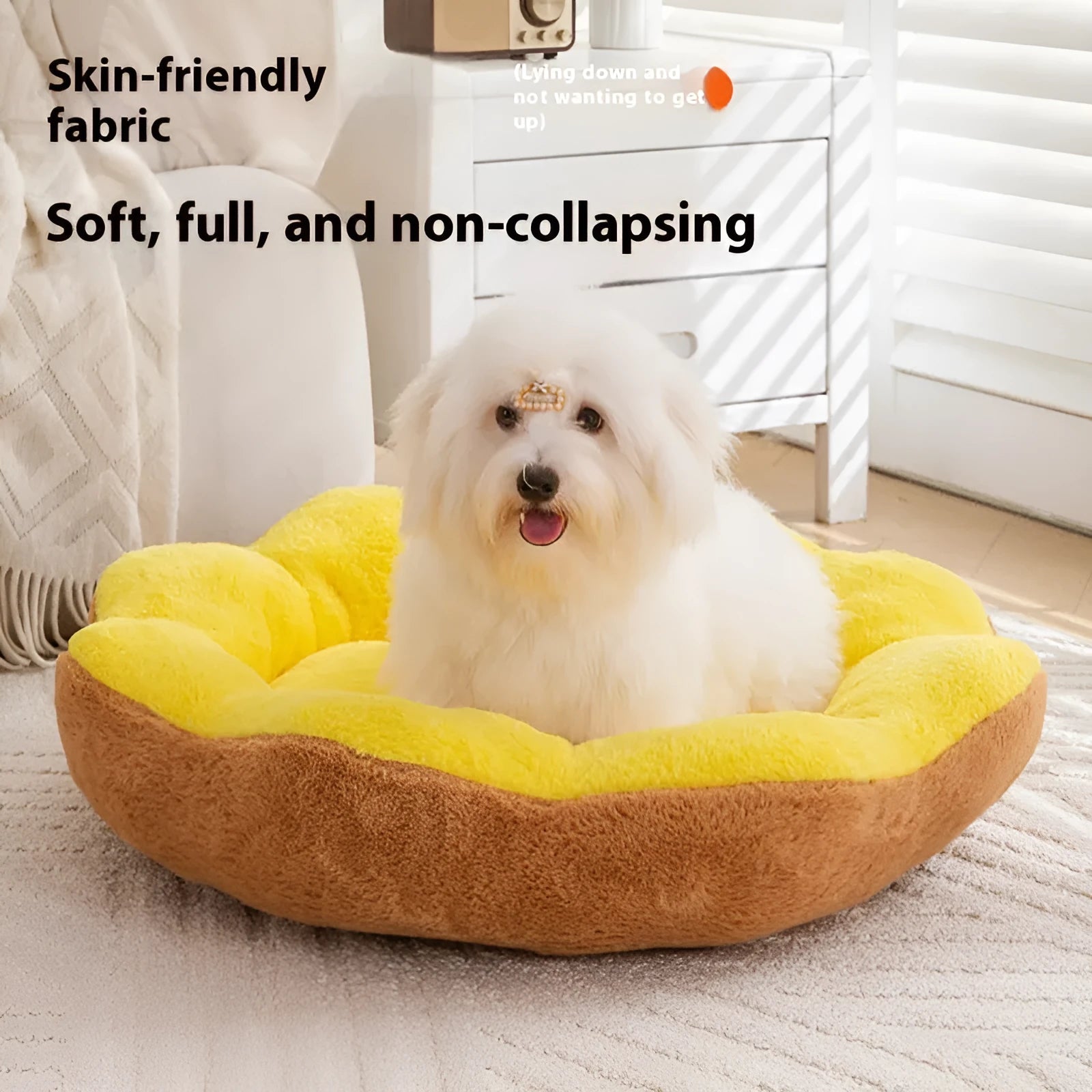 Washable thick rabbit plush round cat bed in yellow brown, shown in a pet cage.