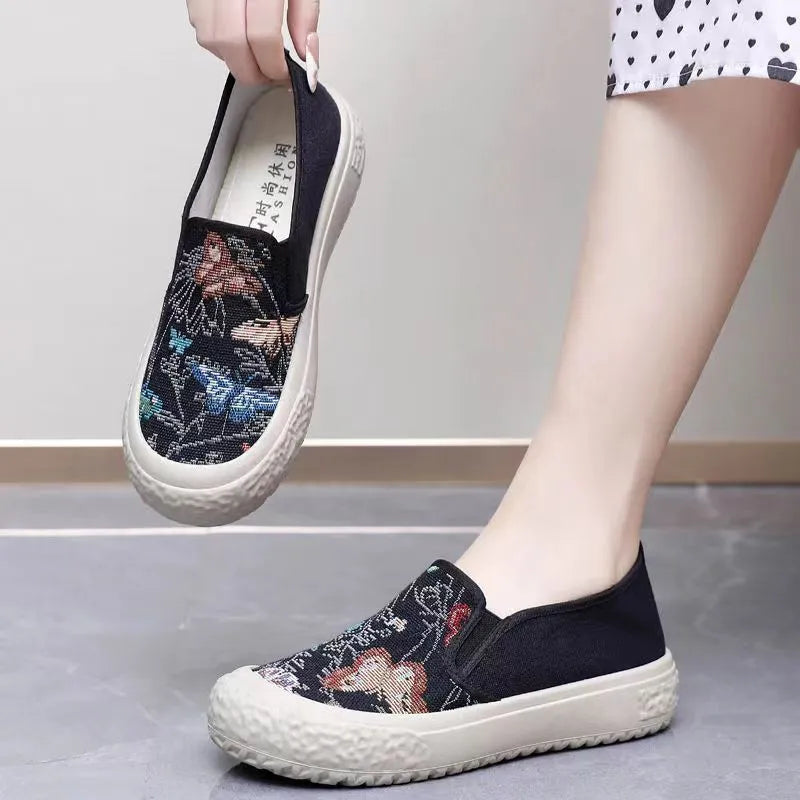 Old Beijing slip-on soft bottom canvas shoes for women – round toe cloth shoes in white with injection moulded sole