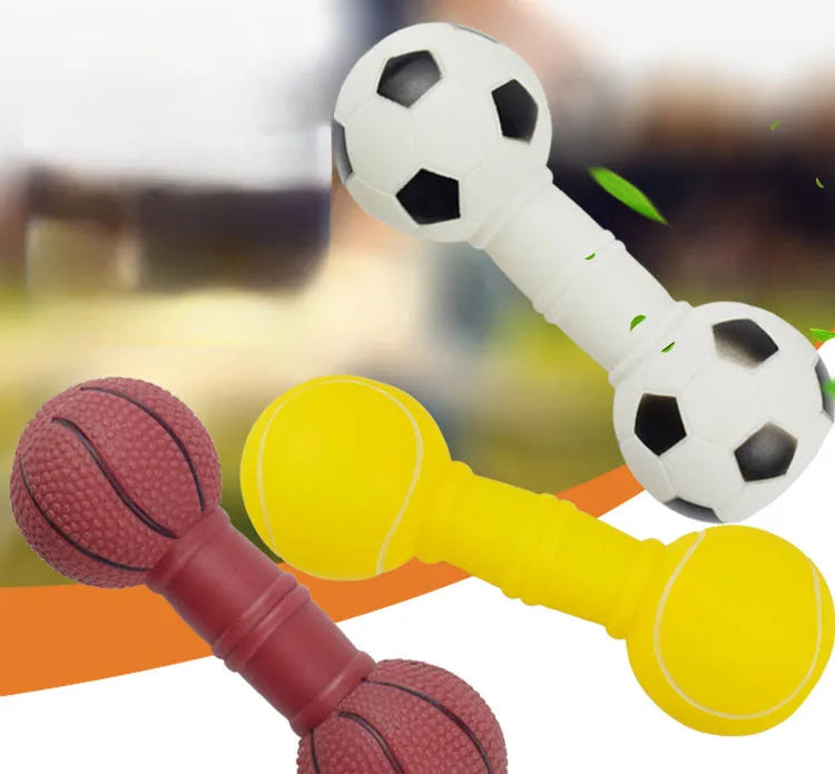 Football dumbbell shaped PVC dog chew toy with squeaker in brown, orange, white or yellow colours
