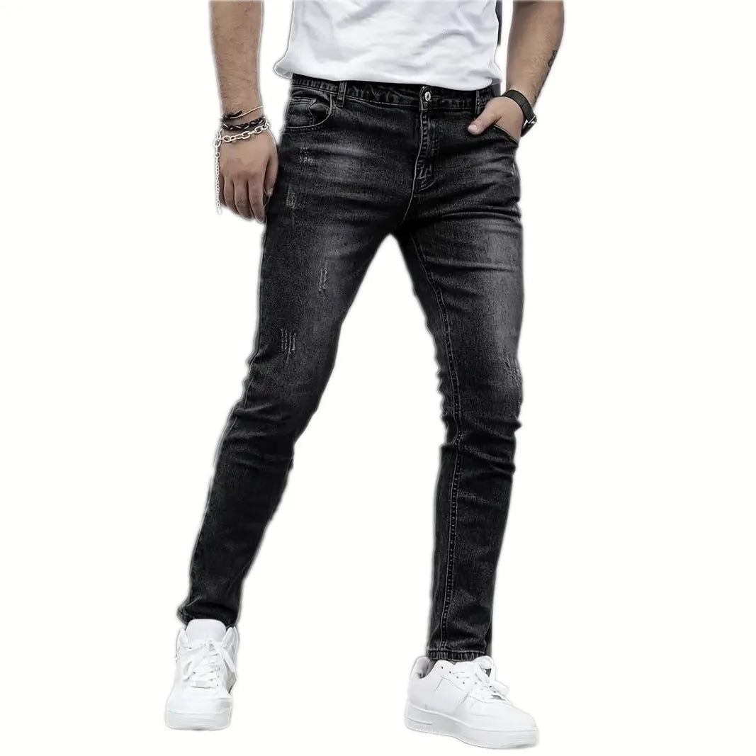 Stretch men's casual solid colour jeans in black – high elasticity cotton-spandex straight leg with zip fly and mid waist