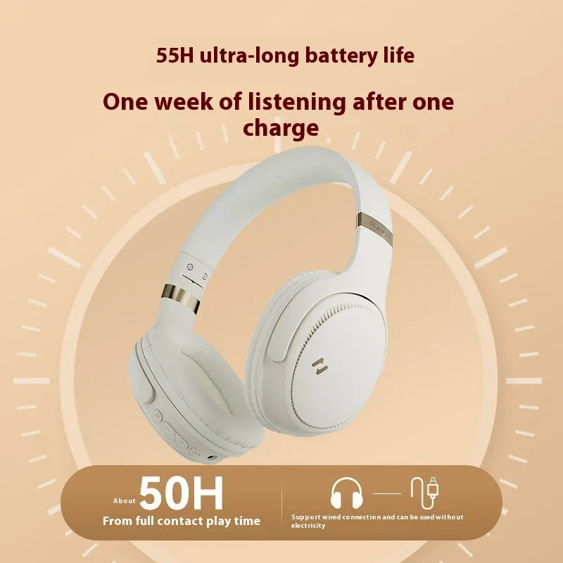 Wireless Bluetooth headphone head-mounted gaming headset in cream colour, PC ABS material, with noise reduction microphone.