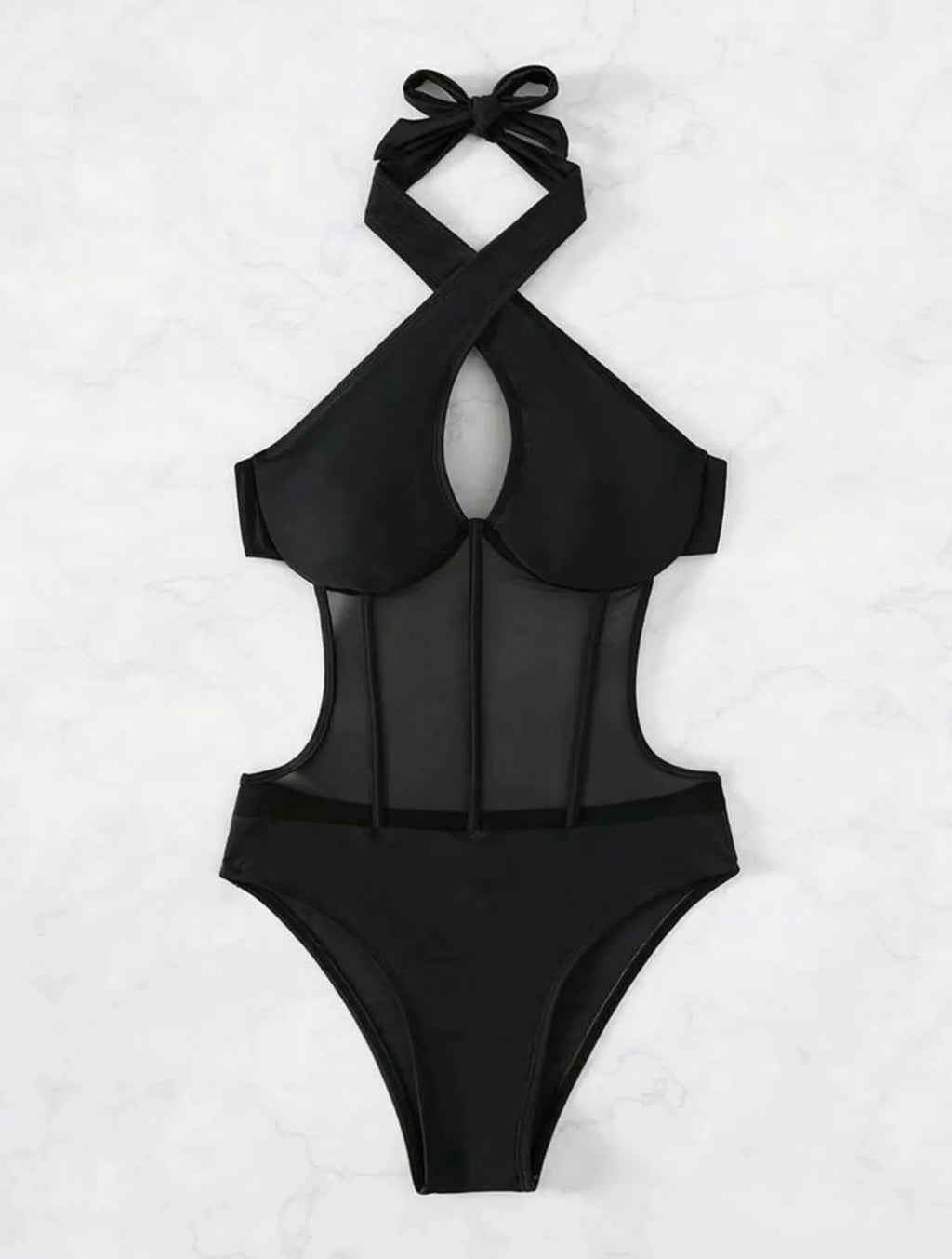 Women's black spun yarn one-piece swimsuit bikini on a hanger