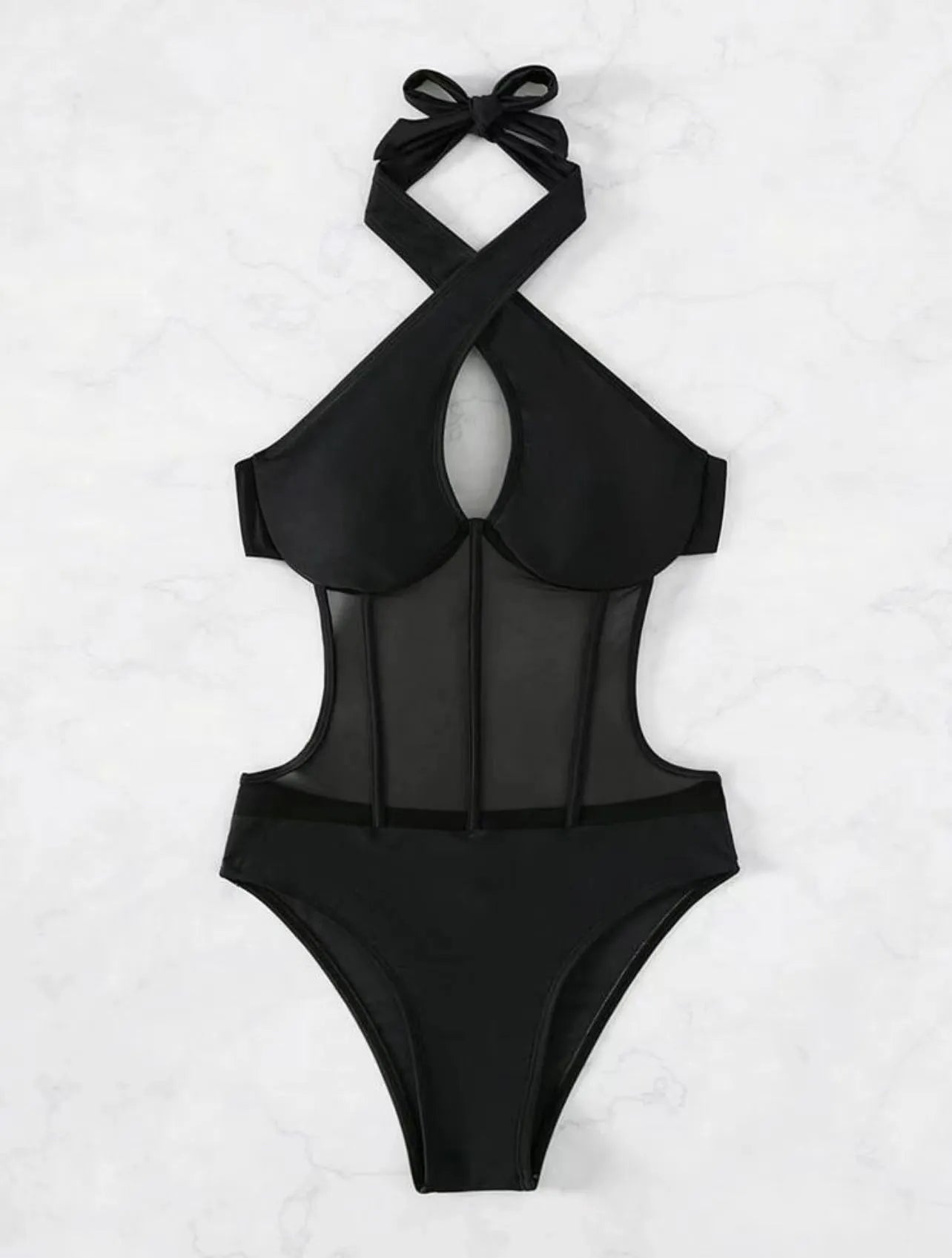 Women's black spun yarn one-piece swimsuit bikini on a hanger