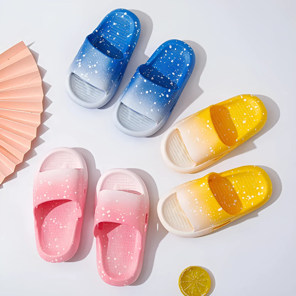 Children's gradient colour PVC summer slippers showing non-slip sole and breathable design