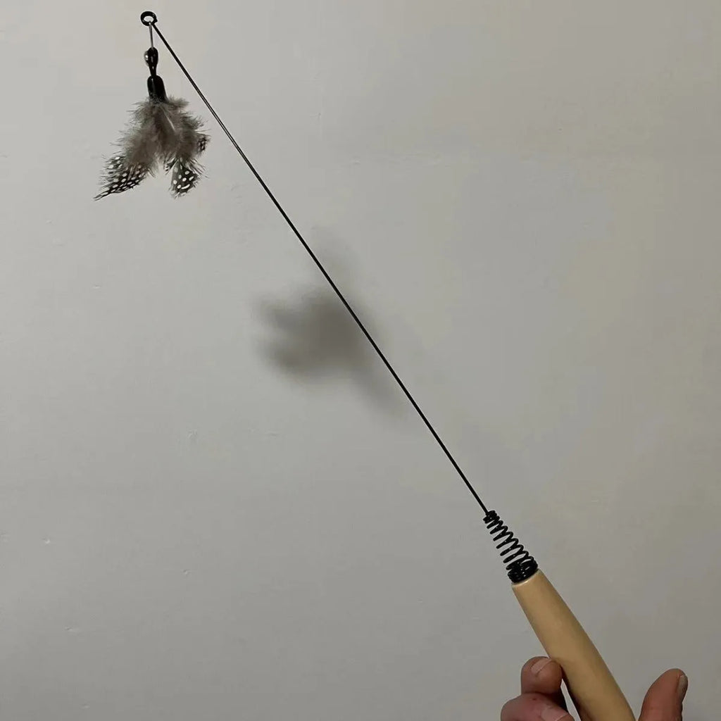 Wooden handle spring cat teasing stick with feather bell replacement head interactive kitten toy