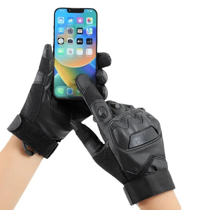 Men's black tactical gloves with touch screen fingertips showing full finger design