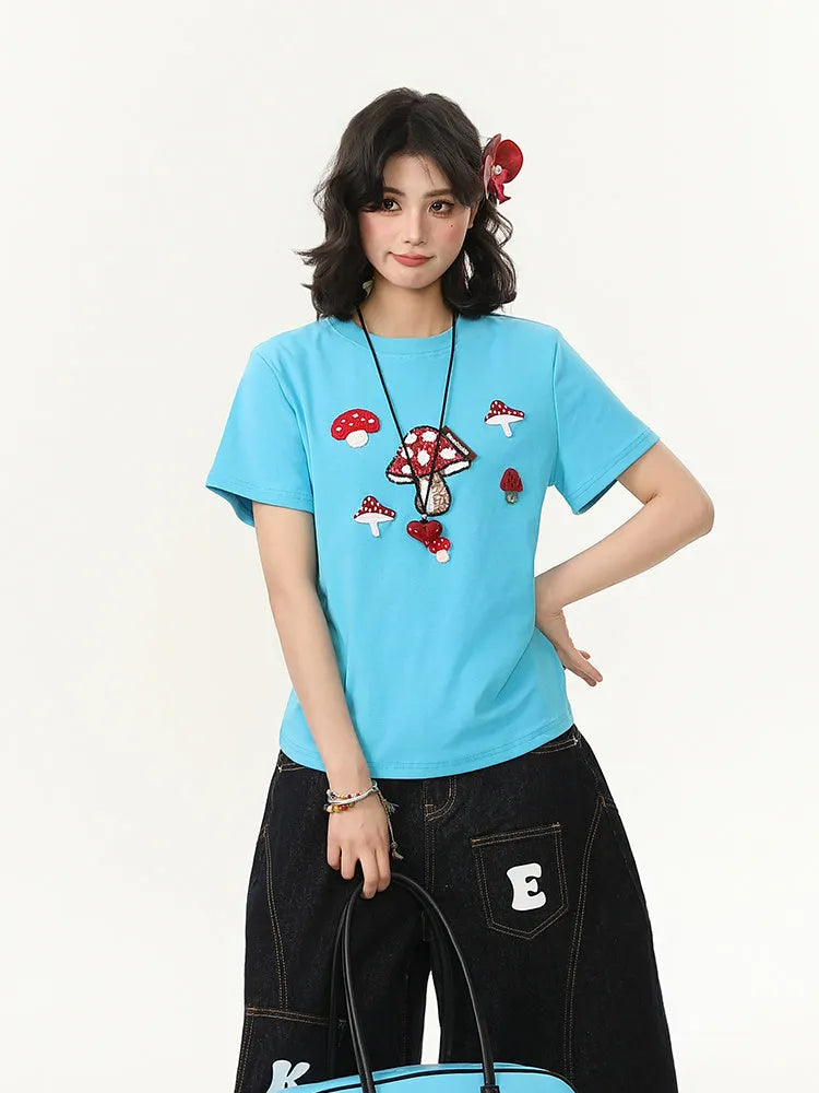 Women's blue mushroom embroidered crew neck short-sleeved slim fit T-shirt