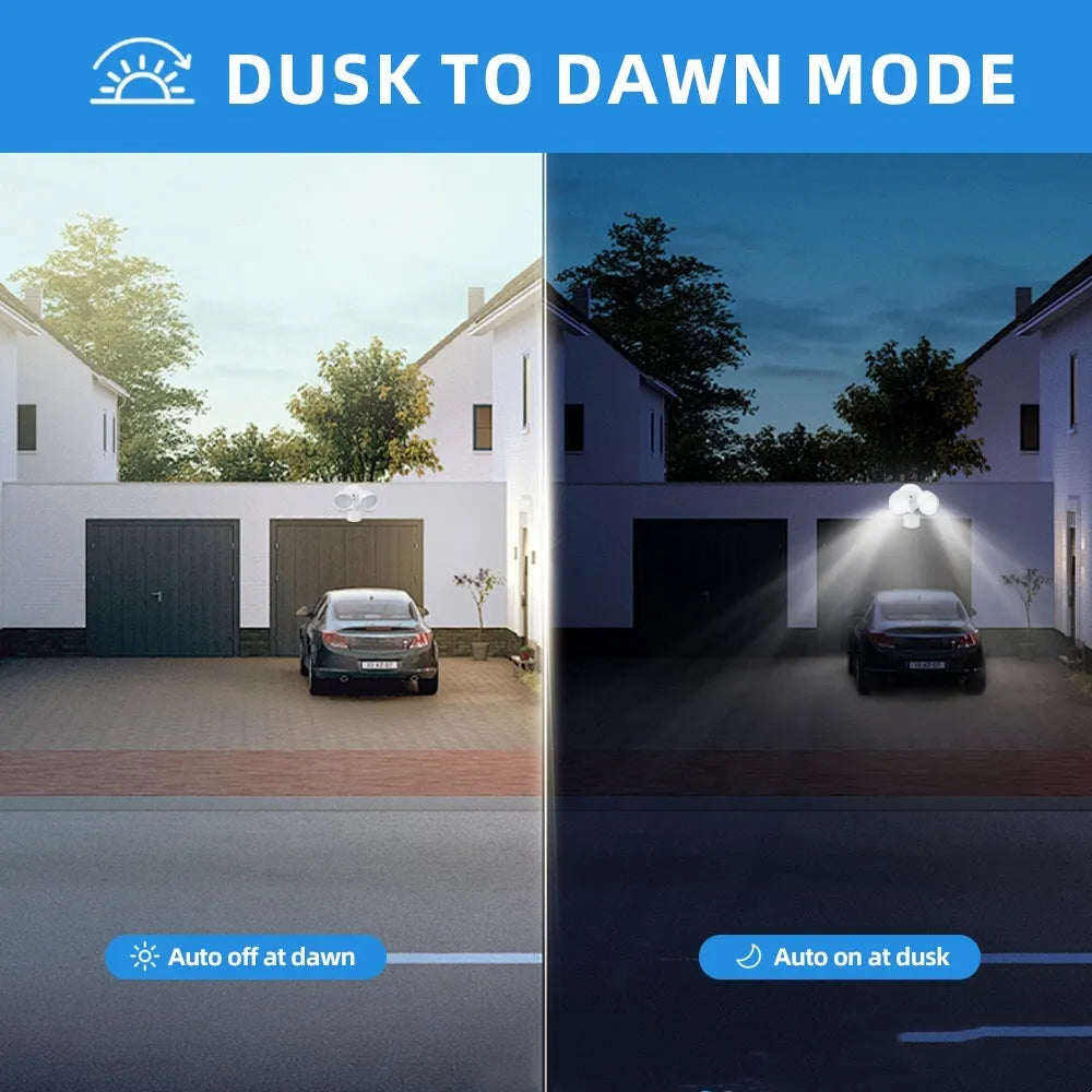 White or black 120V LED security flood light with motion sensor for outdoor installation