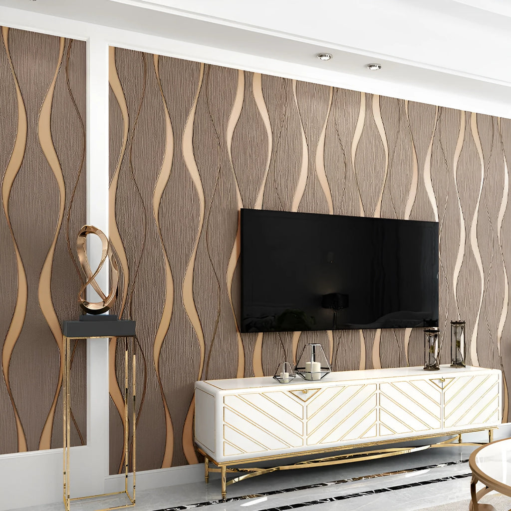 Curve stripe textured 3D wallpaper sample showing velvet surface in light grey colour