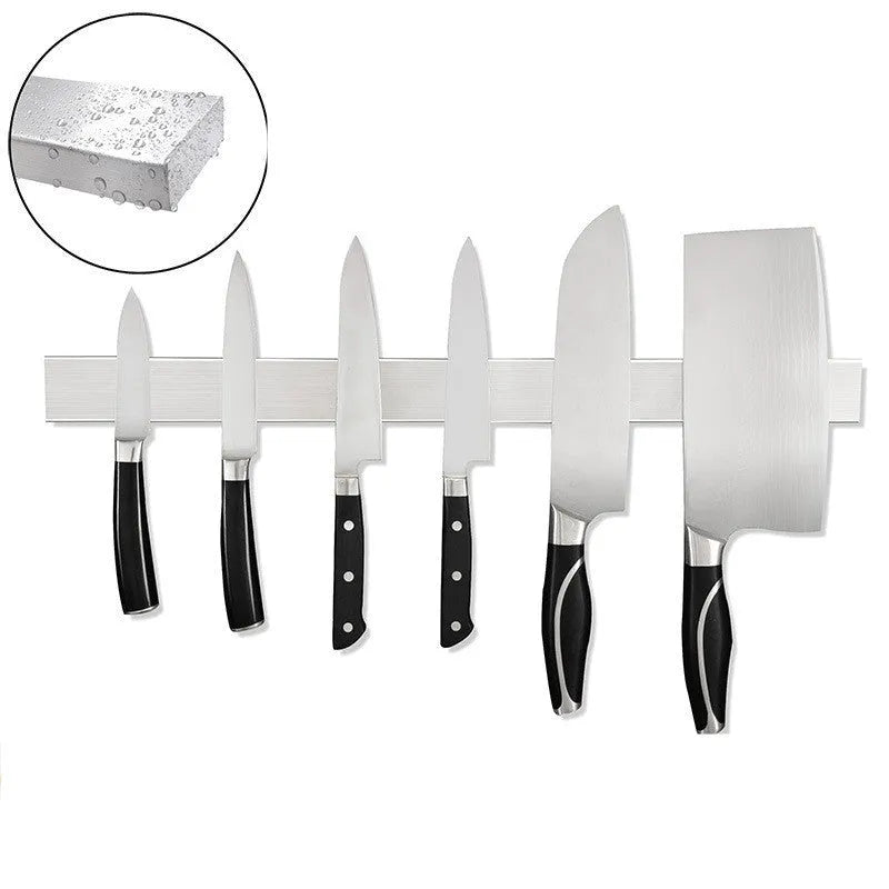 Stainless steel wallmounted knife storage rack with multiple length options for kitchen organisation