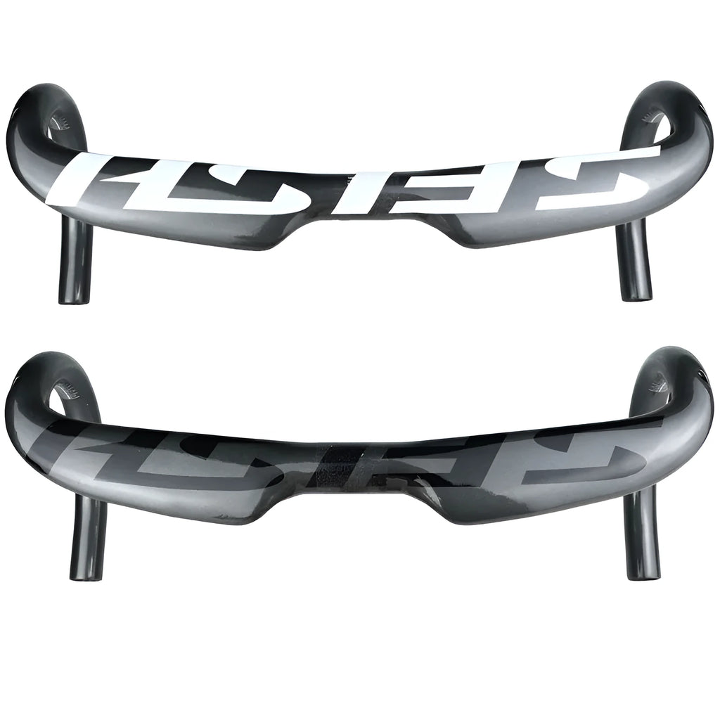 Carbon fibre road bike bent handlebar with internal cable routing in black finish, 31.8mm clamp