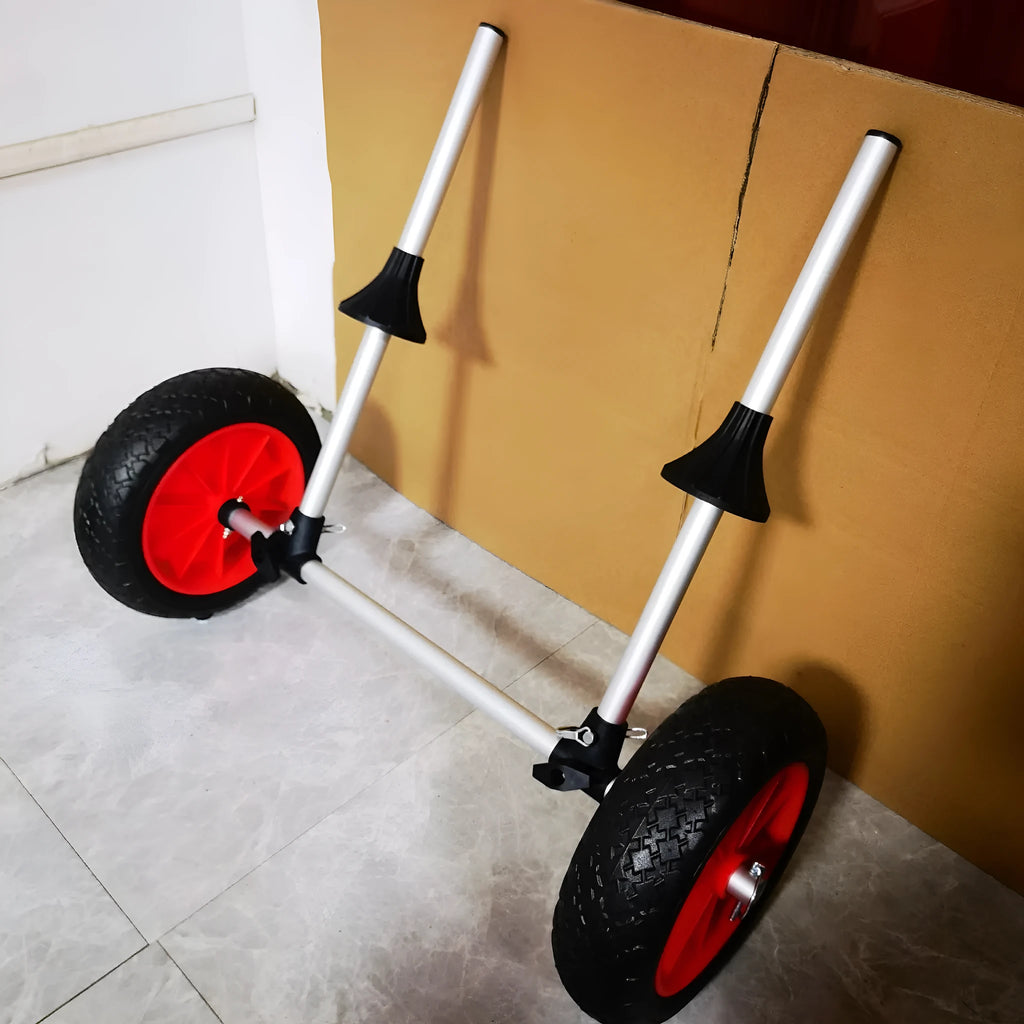 Foldable aluminium kayak beach trailer with upright pole platform on sand