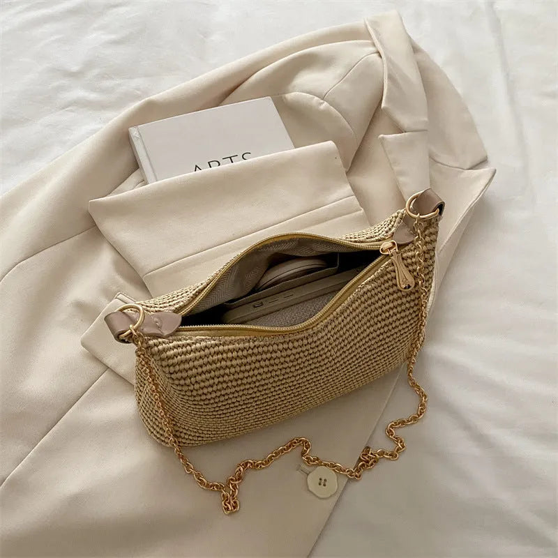 Women's woven straw crossbody bag in khaki with mobile phone pocket, 27cm width