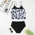 High-waist double-layer swimsuit bikini set with a coconut tree print pattern.