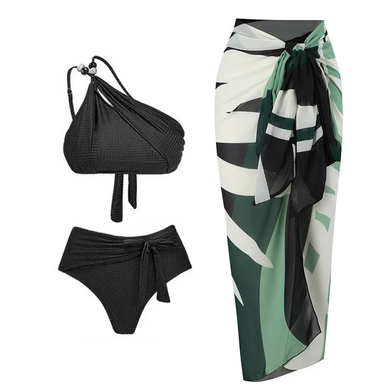 Women's push up bikini high waist split swimsuit with chiffon dress overlay in black brown and green nylon polyester fabric