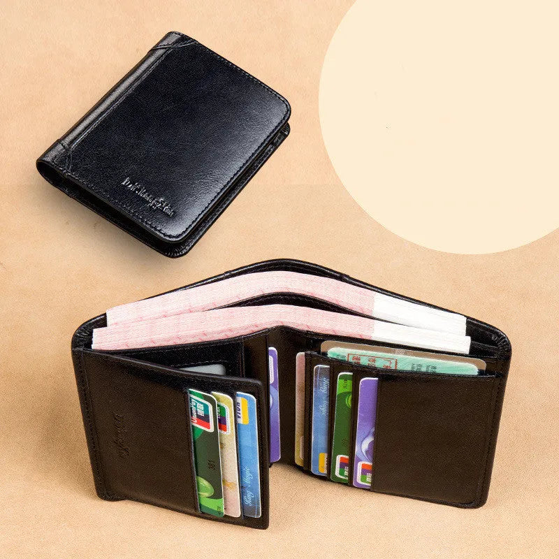 Men's black leather wallet open to show internal compartments for banknotes, cards, coins, and a concealed dark space.