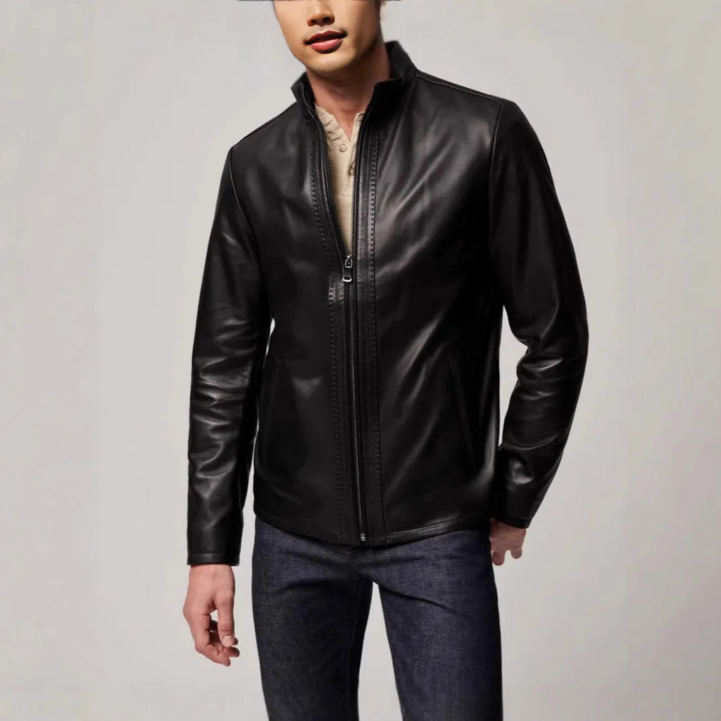 Men's black retro polyester leather jacket with regular fit, long sleeves, and straight hem