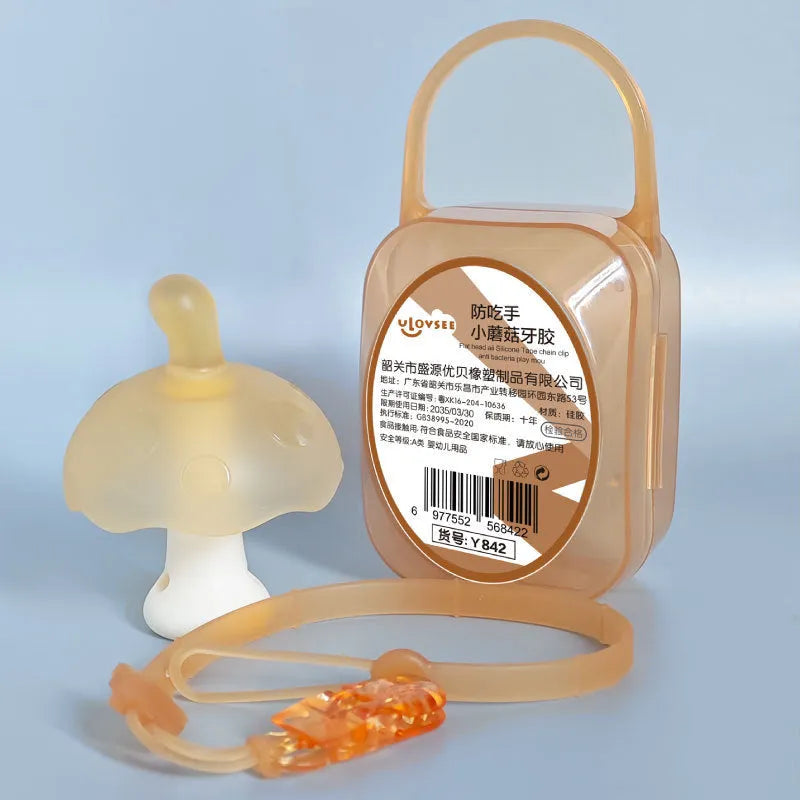Small pink mushroom-shaped latex gum inside a transparent box with a silver chain.