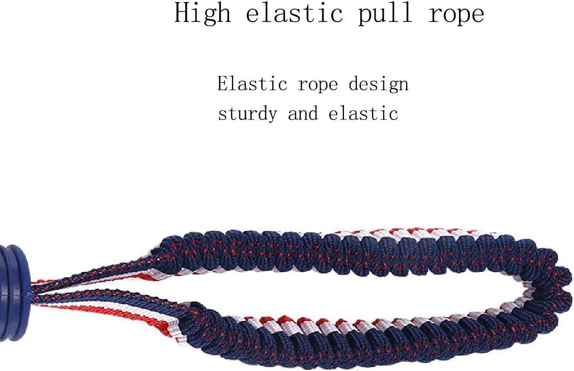 Blue and red durable rubber dog ball attached to a rope for tug-of-war and dental care.