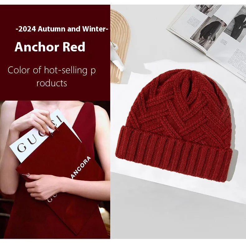 Women's wool knitted dome winter hat in ankela red colour showing thickened knitting texture