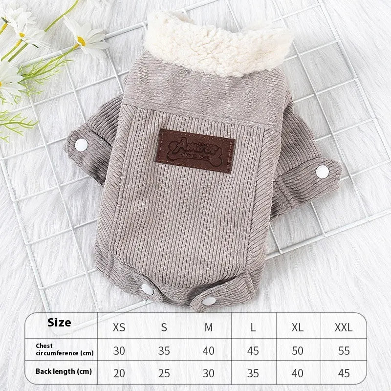 Lambswool fleece-lined dog vest in grey or pink, shown on a pet, for autumn and winter warmth.