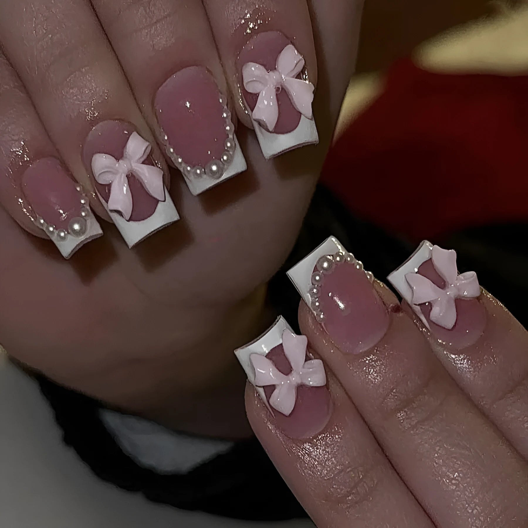 French manicure false nails with white bow design on short square nails with S274 adhesive glue