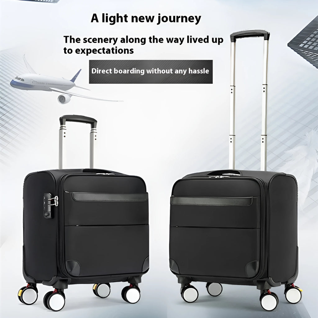Black 18-inch Oxford cloth business travel suitcase with retractable handle and universal wheels.