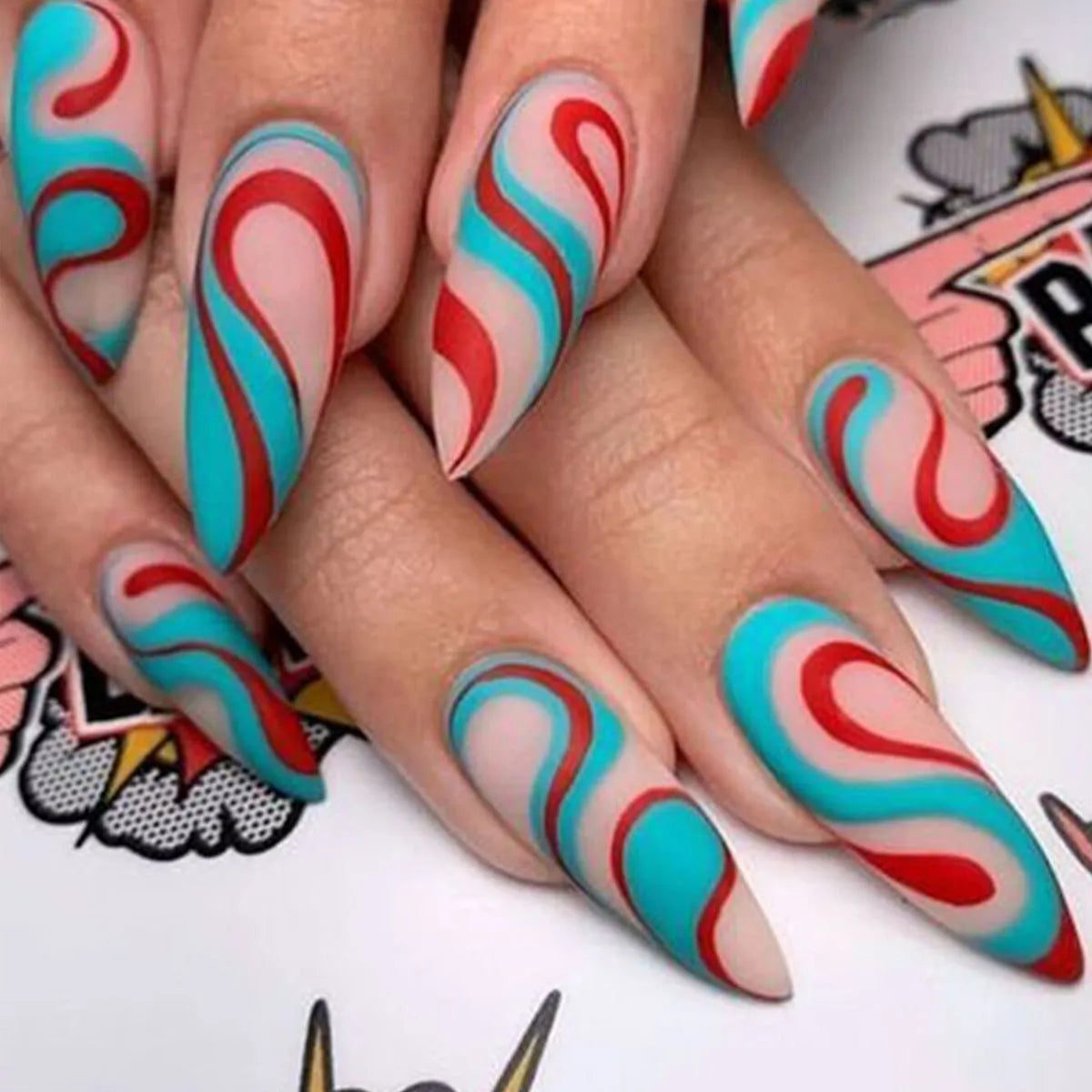 Almond-shaped rainbow plaid nail sticker in BKS1999 French colour ripple design on a white background