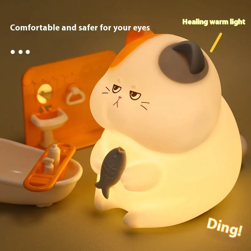 Greedy Cat small desktop night light in whitebait style with cartoon cat shape and LED glow