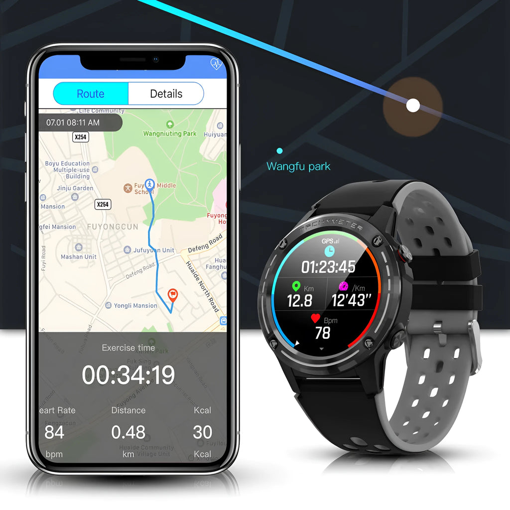 GPS smart watch with silicone strap in blue colour showing 49mm case and glass display