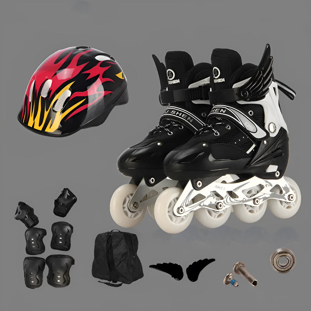 Yellow children's adjustable roller skates with PU mesh upper, aluminium frame, and full set of protective gear including helmet.