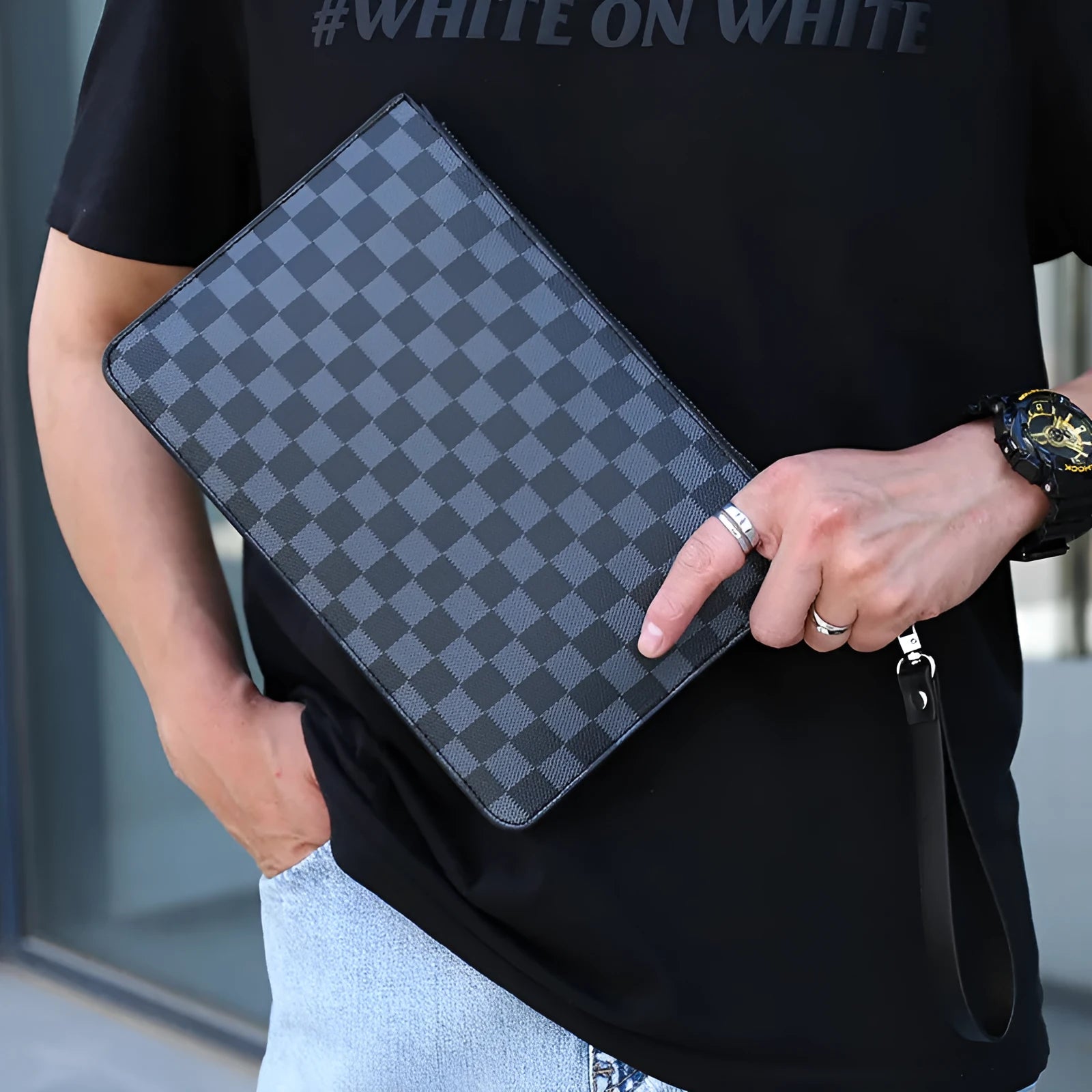 Men's black checkered PU leather clutch wallet showing card slots and zip pocket