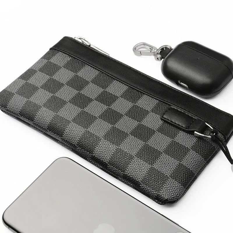 Men's black leather plaid clutch wallet showing 20×10cm dimensions and genuine cowhide construction