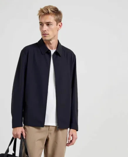 Summer ice silk sun protection coat in navy blue with lapel collar, regular fit for business administration