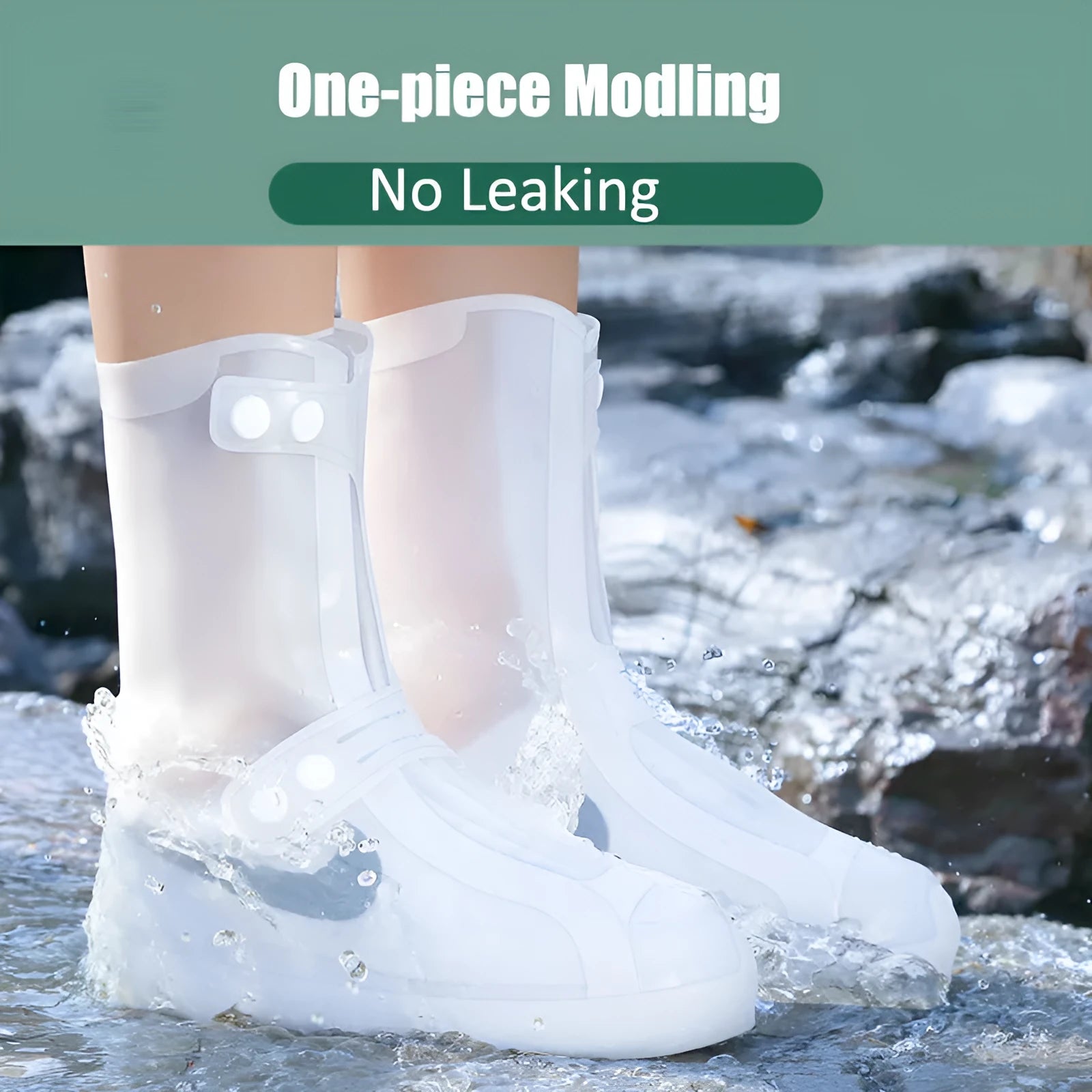 Women's white high-top PVC reusable waterproof shoe cover with anti-skid sole
