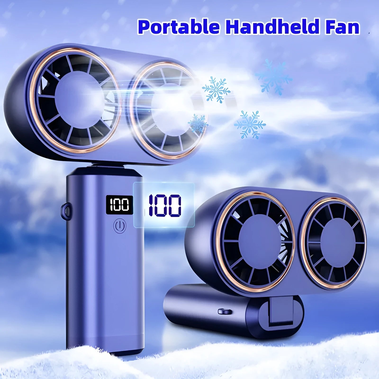 USB handheld mini fan foldable portable neck hanging fan with digital display in milky white colour