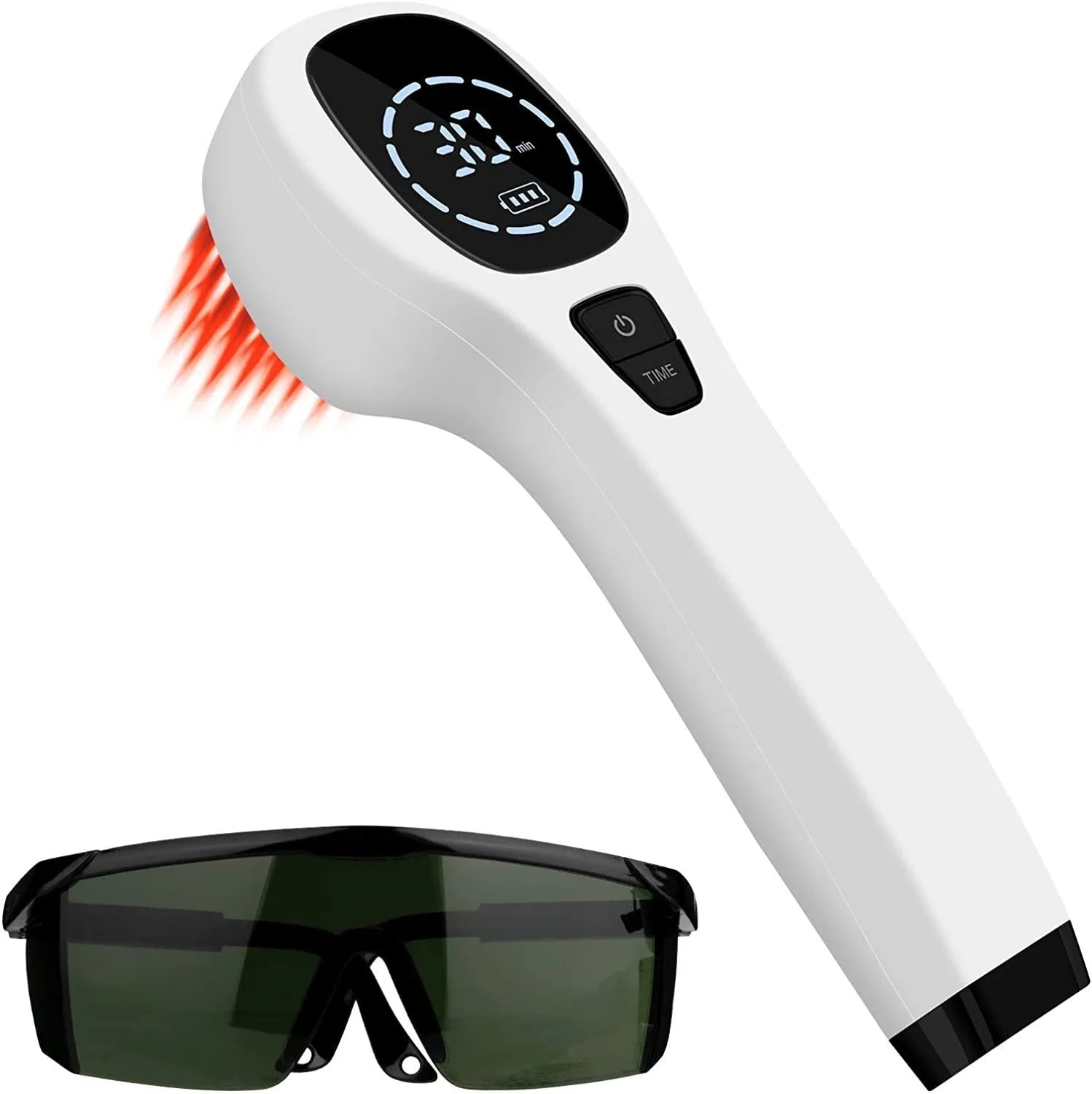 Hand-held red light therapy device in black and white with LED array, USB cable, and safety glasses on a surface