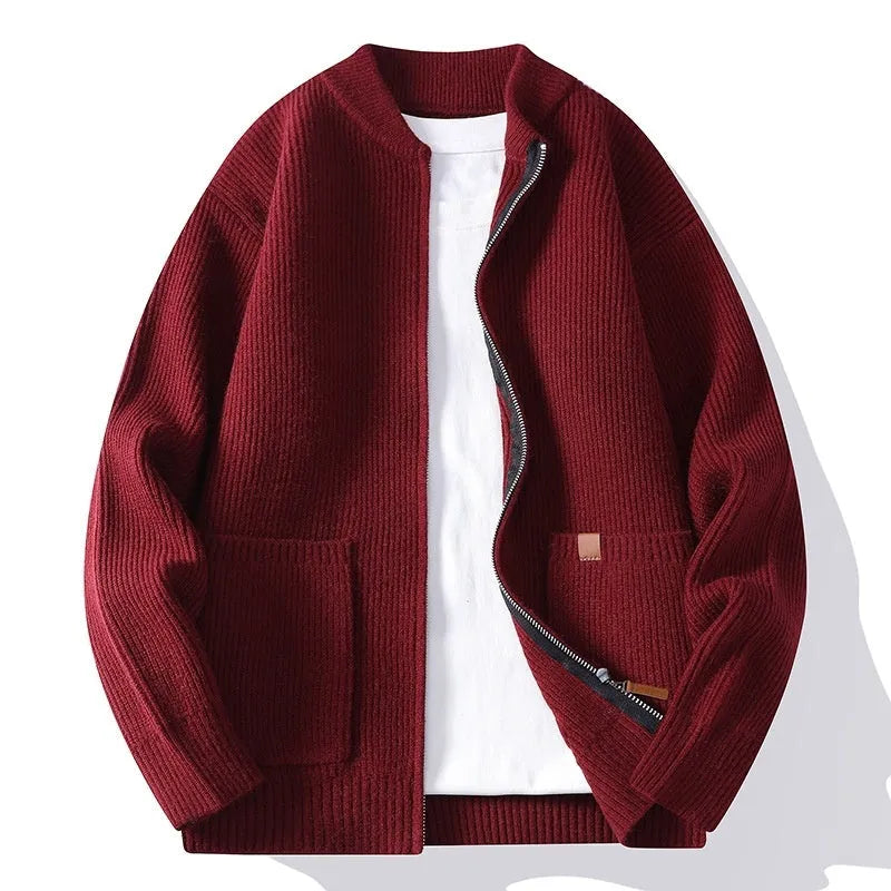 Men's striped cardigan sweater in chemical fibre blend shown in straight cut with multiple colour options