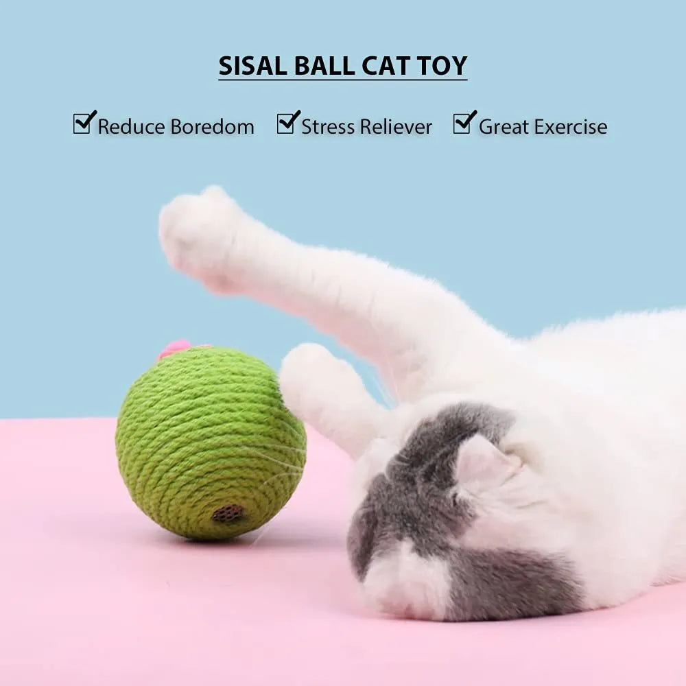 Green interactive tumbler cactus cat scratcher with natural sisal and rolling ball for indoor play
