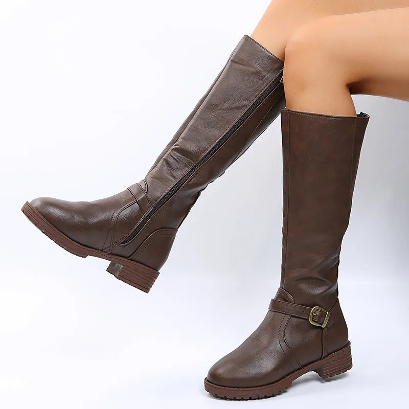 Women's square heel high boots in black, artificial PU upper, cotton lining, belt buckle detail, round toe
